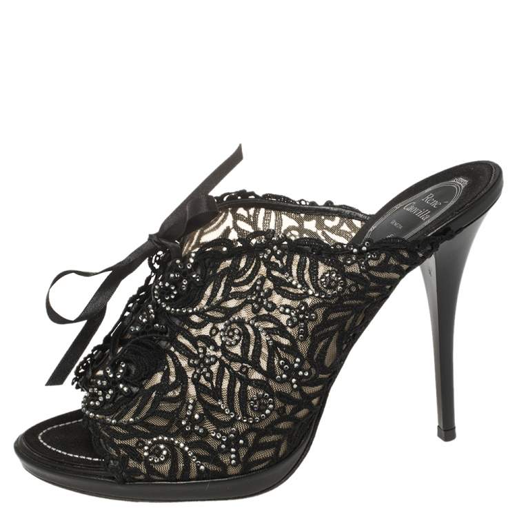 Pre Owned René Caovilla Black Lace Crystal Embellished Slide Sandals Size 38.5