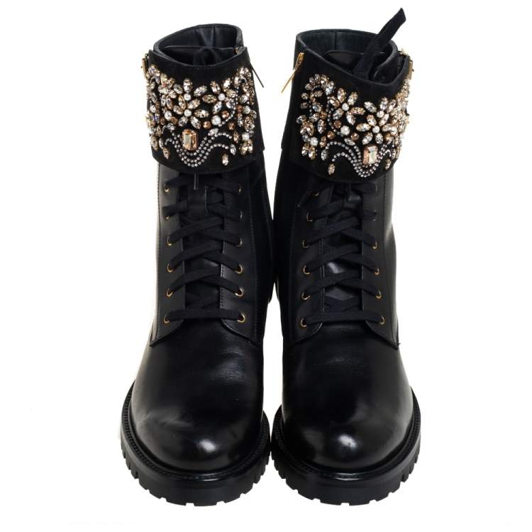 Pre Owned Rene Caovilla Black Leather And Crystal Embellished Suede Combat Boots Size 40