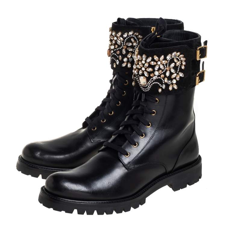 Pre Owned Rene Caovilla Black Leather And Crystal Embellished Suede Combat Boots Size 40