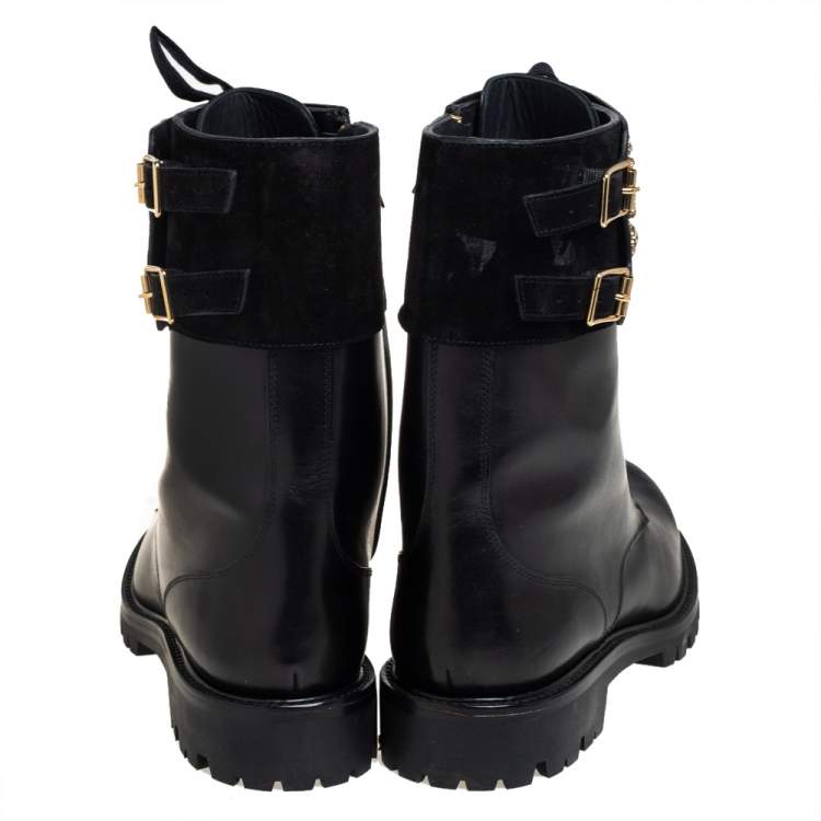 Pre Owned Rene Caovilla Black Leather And Crystal Embellished Suede Combat Boots Size 40