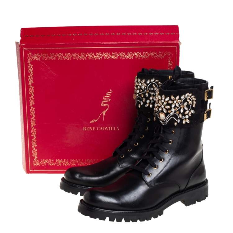Pre Owned Rene Caovilla Black Leather And Crystal Embellished Suede Combat Boots Size 40