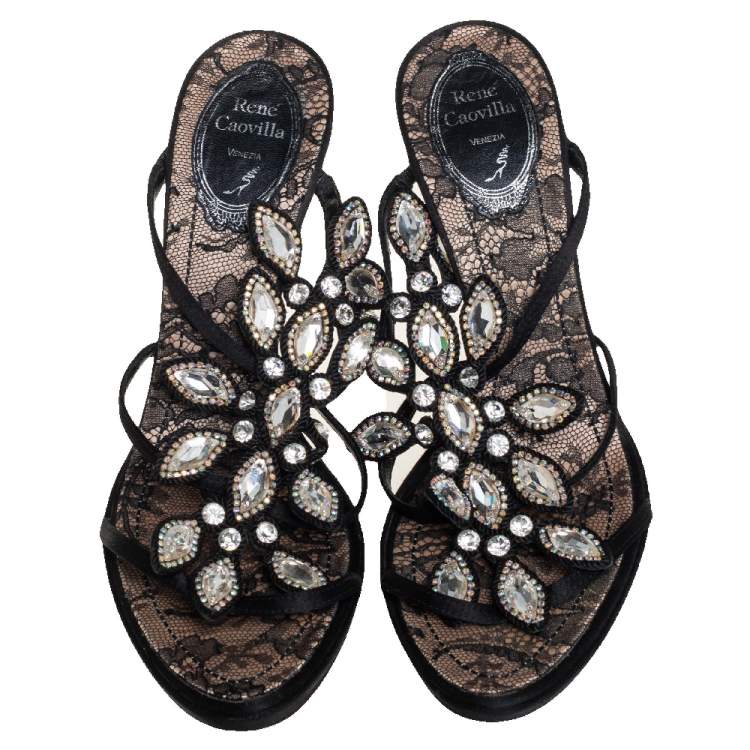 Pre Owned René Caovilla Black Satin Crystal Embellished Sandals Size 39