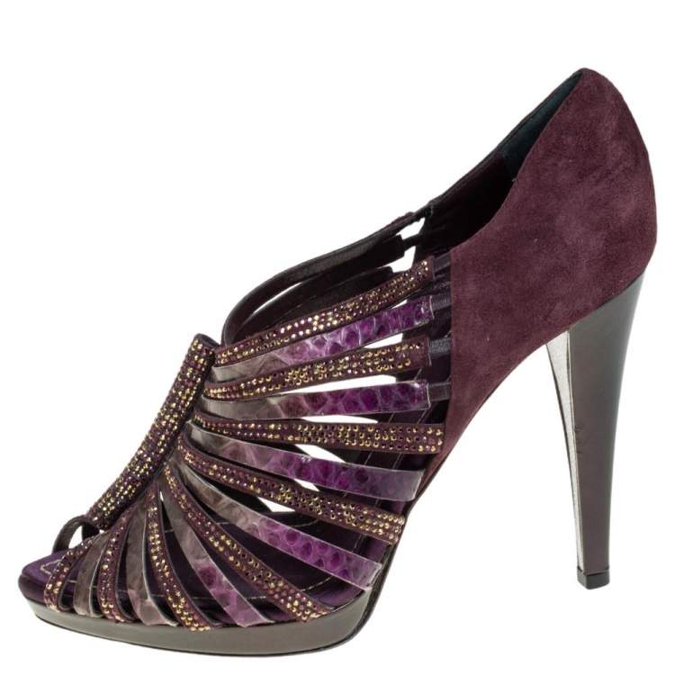 Pre Owned Rene Caovilla Suede And Python Leather Embellished Sandals Size 40