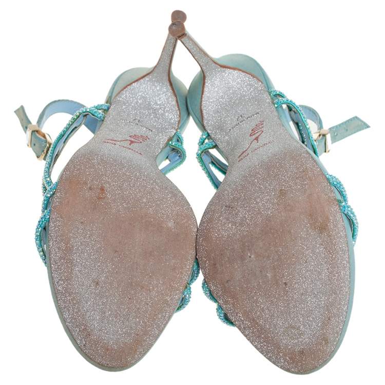 Pre Owned René Caovilla Metallic Blue Leather Crystal Embellished Ankle Strap Sandals Size 37