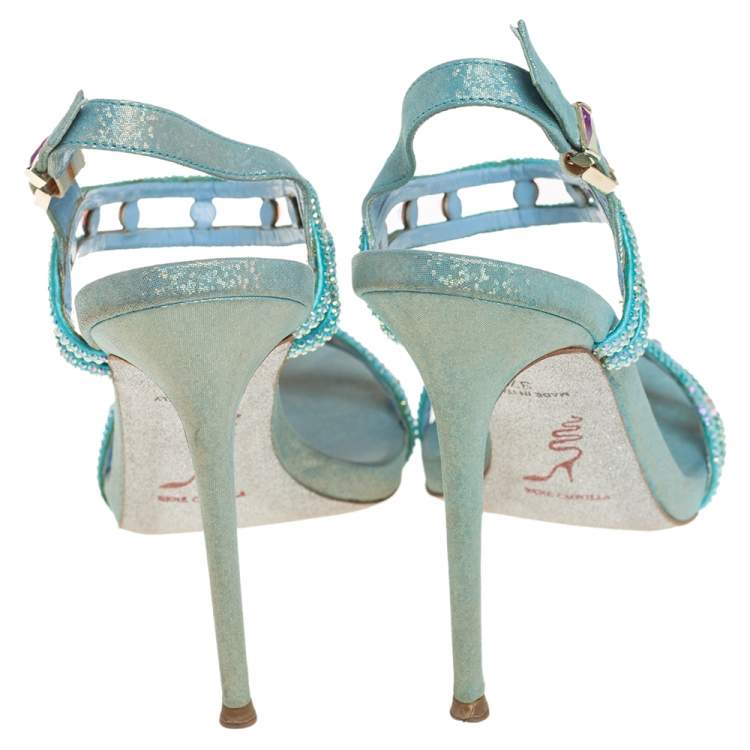 Pre Owned René Caovilla Metallic Blue Leather Crystal Embellished Ankle Strap Sandals Size 37
