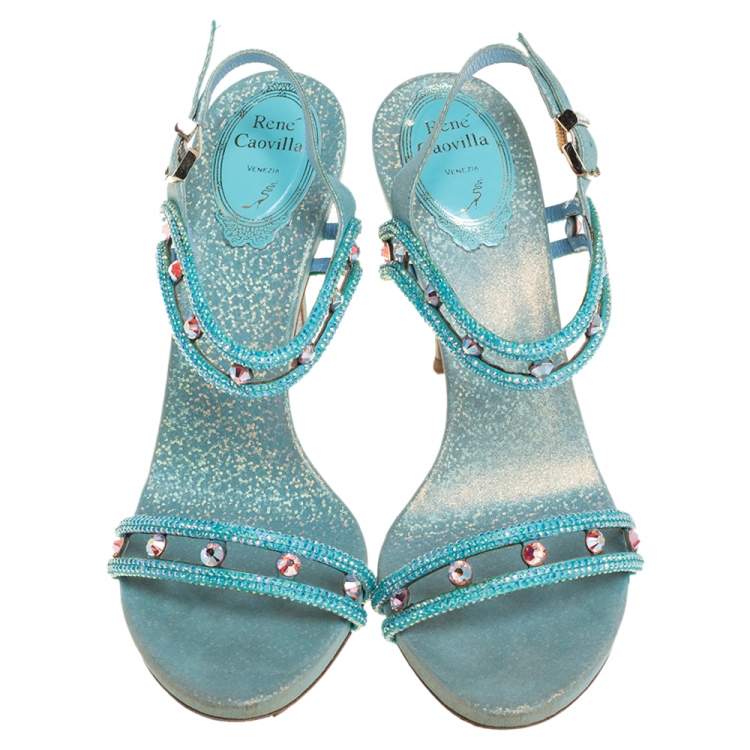 Pre Owned René Caovilla Metallic Blue Leather Crystal Embellished Ankle Strap Sandals Size 37