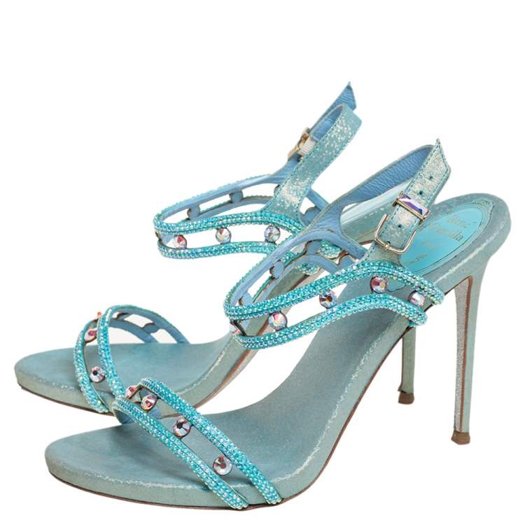 Pre Owned René Caovilla Metallic Blue Leather Crystal Embellished Ankle Strap Sandals Size 37