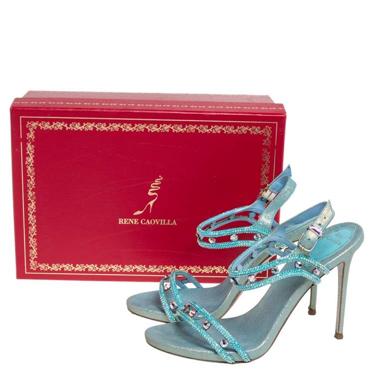 Pre Owned René Caovilla Metallic Blue Leather Crystal Embellished Ankle Strap Sandals Size 37