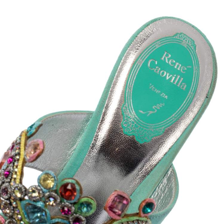 Pre Owned René Caovilla Aquamarine Suede Jewel Embellished Wedge Sandals Size 38.5