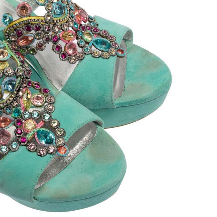 Pre Owned René Caovilla Aquamarine Suede Jewel Embellished Wedge Sandals Size 38.5