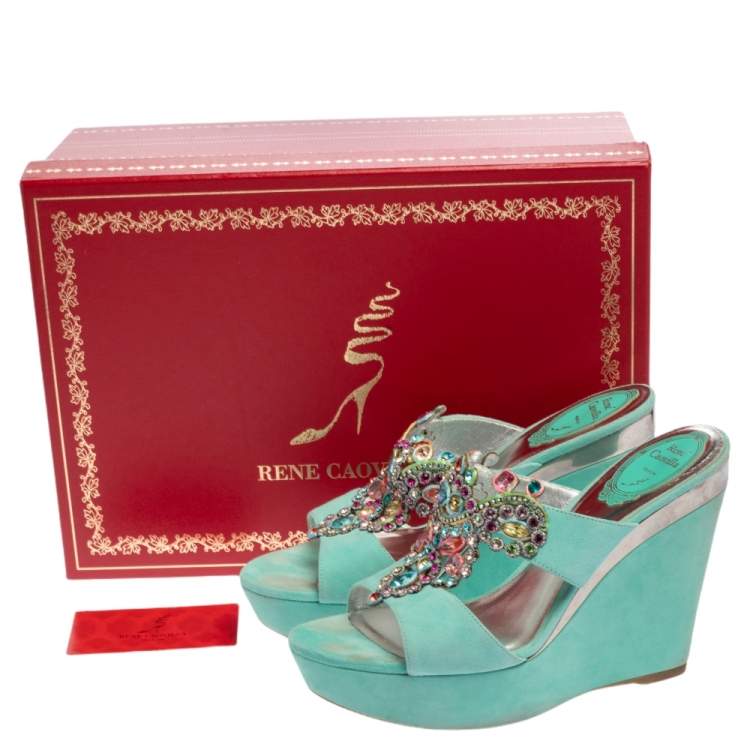 Pre Owned René Caovilla Aquamarine Suede Jewel Embellished Wedge Sandals Size 38.5