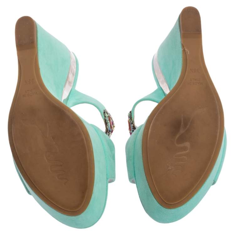 Pre Owned René Caovilla Aquamarine Suede Jewel Embellished Wedge Sandals Size 38.5