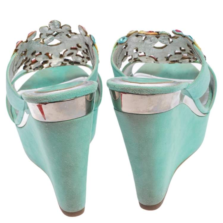 Pre Owned René Caovilla Aquamarine Suede Jewel Embellished Wedge Sandals Size 38.5