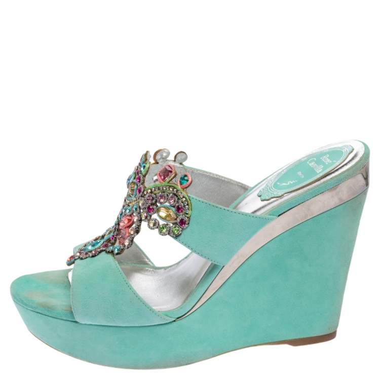 Pre Owned René Caovilla Aquamarine Suede Jewel Embellished Wedge Sandals Size 38.5
