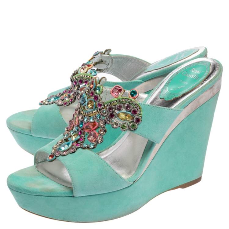 Pre Owned René Caovilla Aquamarine Suede Jewel Embellished Wedge Sandals Size 38.5