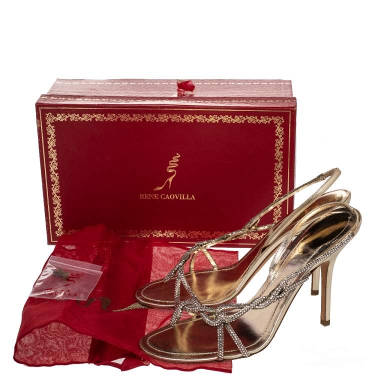 Pre Owned Rene Caovilla Metallic Gold Crystal Embellished Leather Open Toe Slingback Sandals Size 40