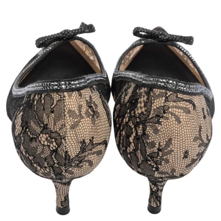 Pre Owned René Caovilla Beige/Black Lace And Net Hematite Pumps Size 39