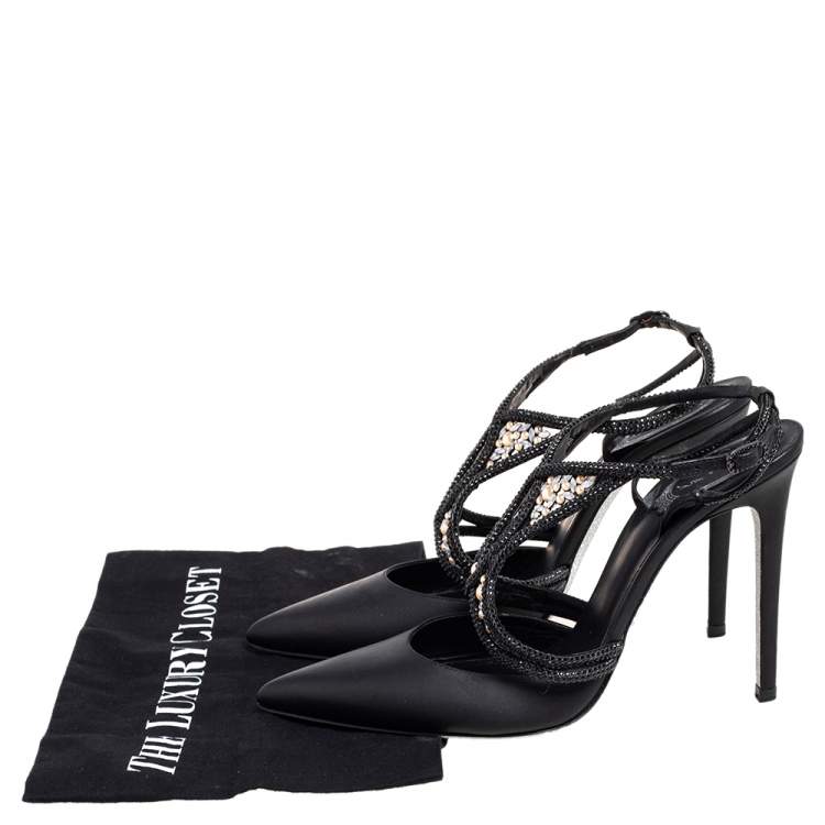 Pre Owned René Caovilla Black Leather Crystal Embellished Sandals Size 40