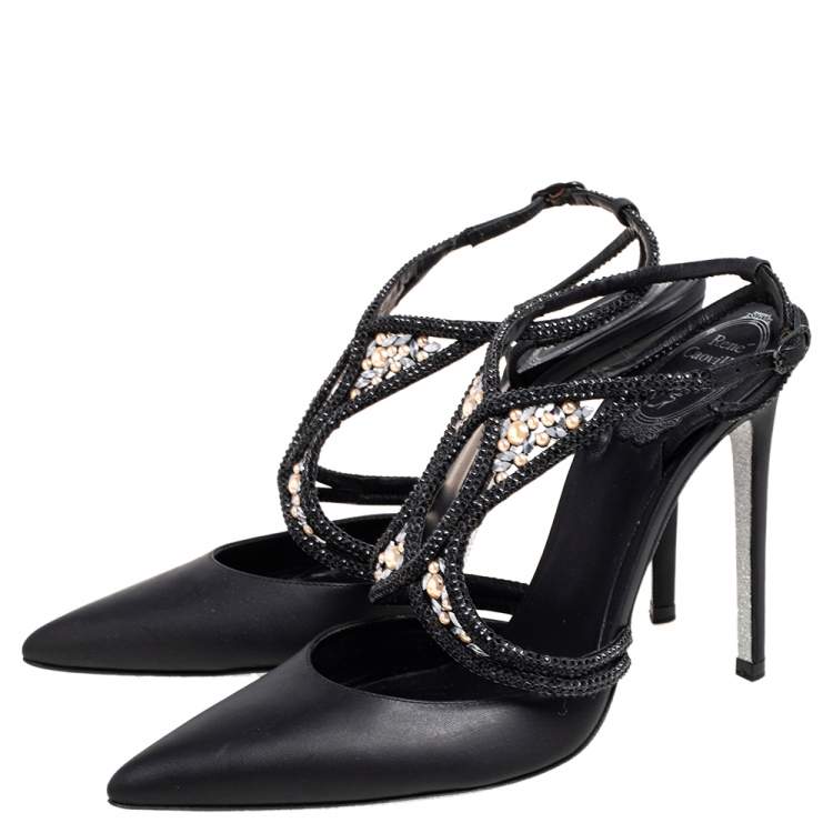 Pre Owned René Caovilla Black Leather Crystal Embellished Sandals Size 40