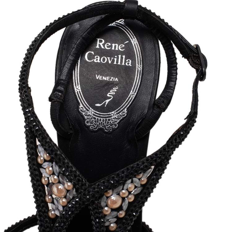 Pre Owned René Caovilla Black Leather Crystal Embellished Sandals Size 40