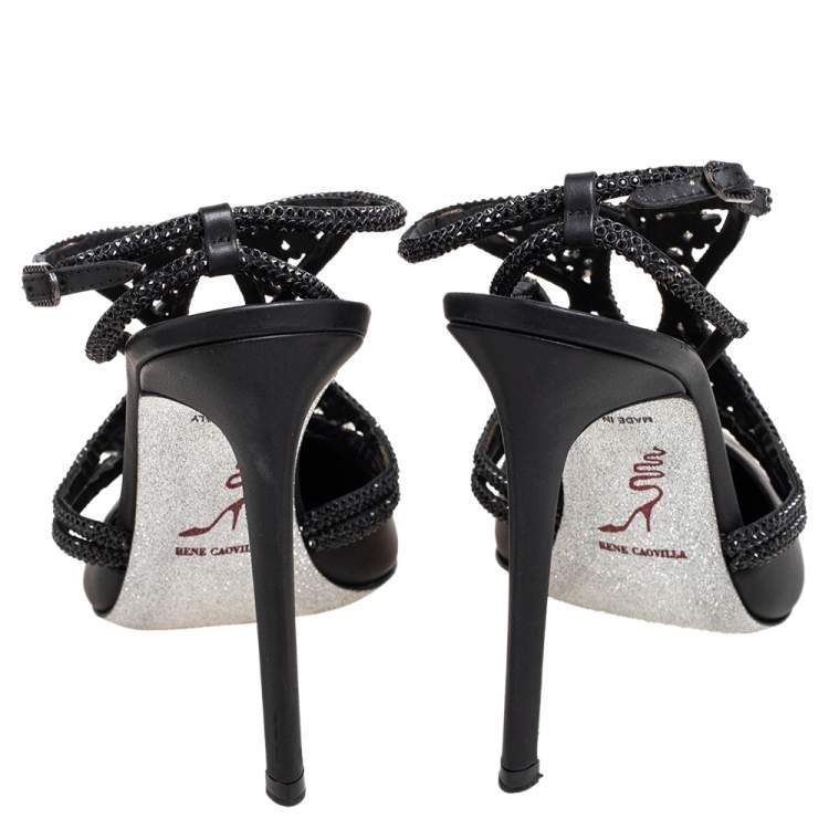 Pre Owned René Caovilla Black Leather Crystal Embellished Sandals Size 40