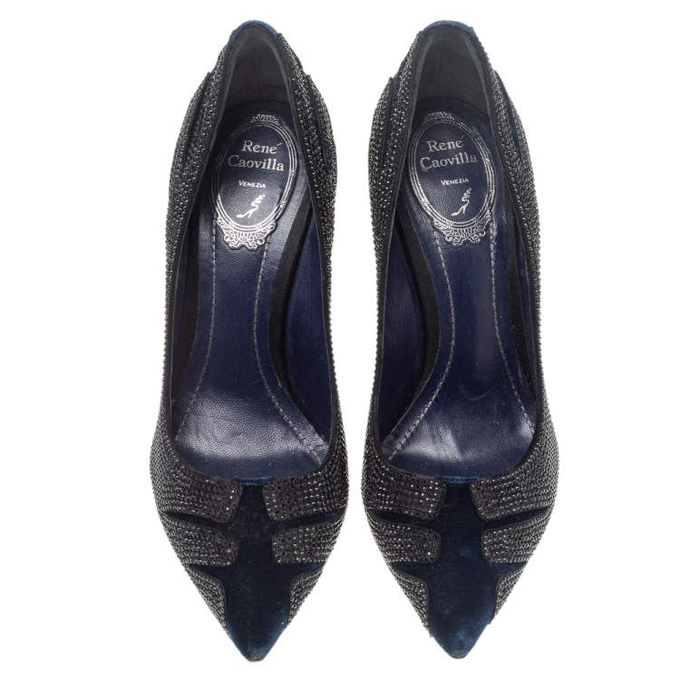 Pre Owned René Caovilla Blue Velvet Crystal Embellished Pointed Toe Pumps Size 38