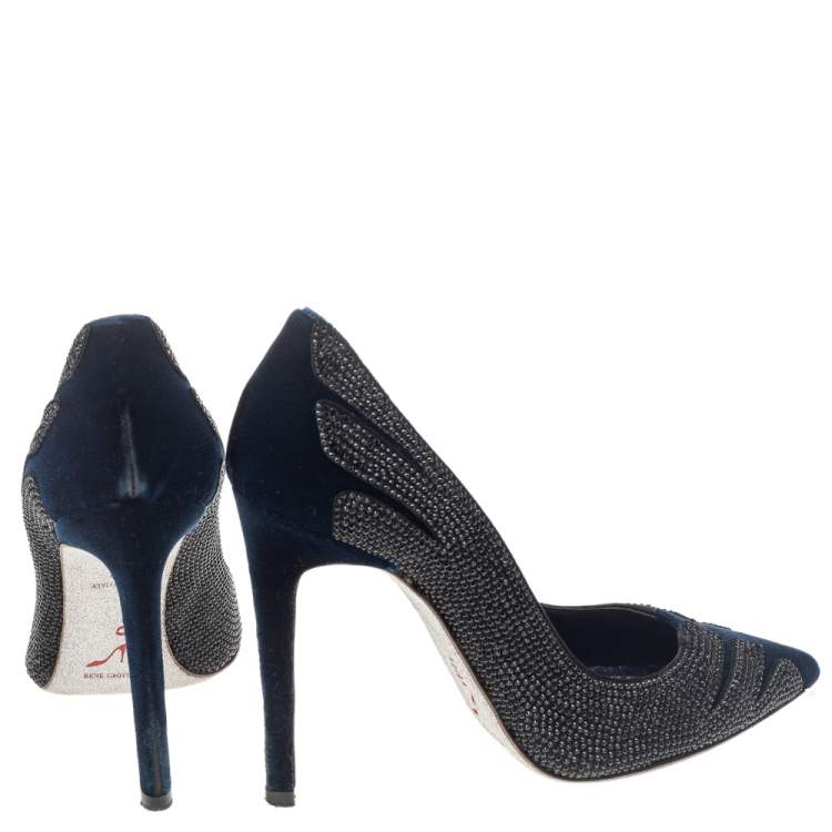 Pre Owned René Caovilla Blue Velvet Crystal Embellished Pointed Toe Pumps Size 38