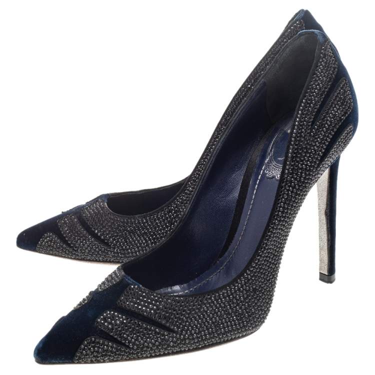 Pre Owned René Caovilla Blue Velvet Crystal Embellished Pointed Toe Pumps Size 38