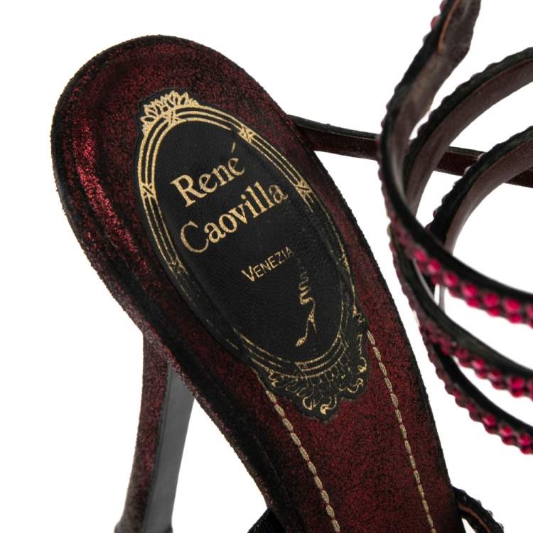 Pre Owned René Caovilla Burgundy/Black Satin Cleo Crystal Embellished Sandals Size 37