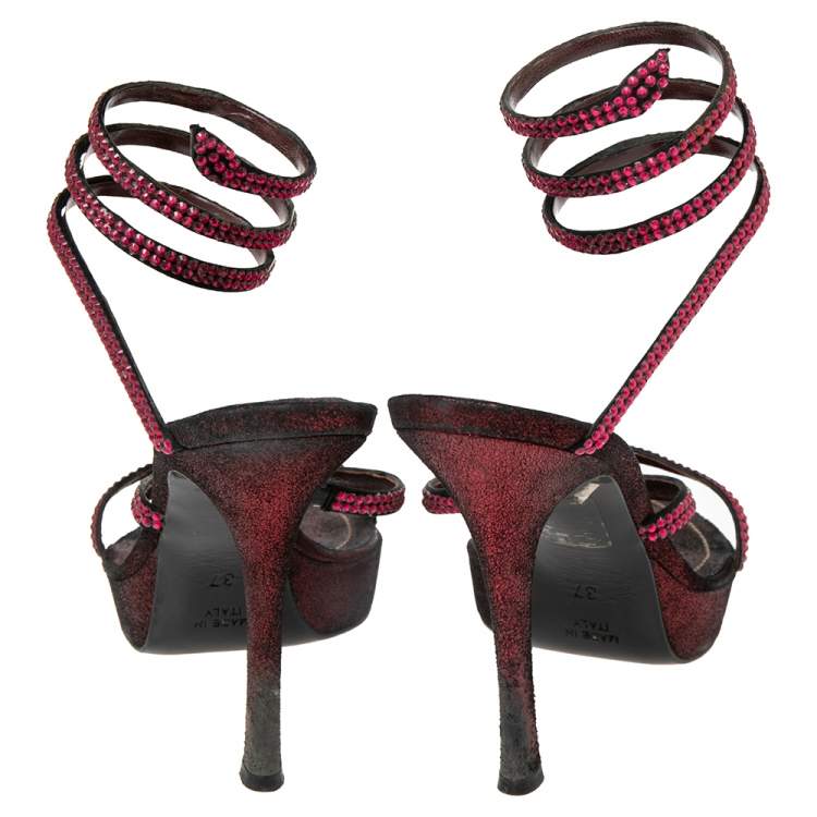Pre Owned René Caovilla Burgundy/Black Satin Cleo Crystal Embellished Sandals Size 37
