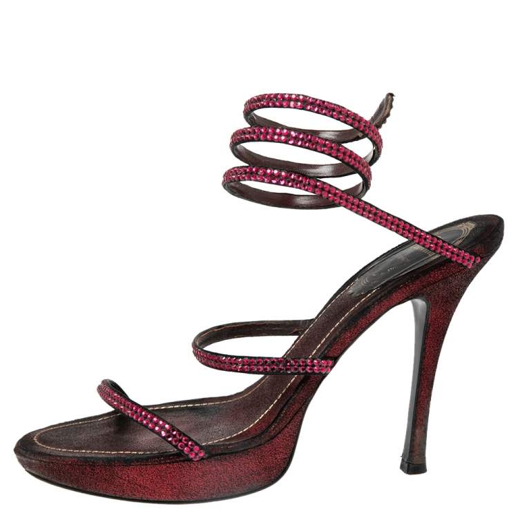Pre Owned René Caovilla Burgundy/Black Satin Cleo Crystal Embellished Sandals Size 37