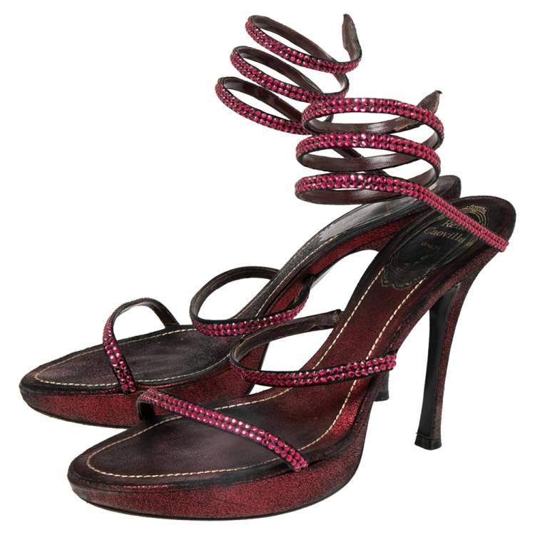 Pre Owned René Caovilla Burgundy/Black Satin Cleo Crystal Embellished Sandals Size 37