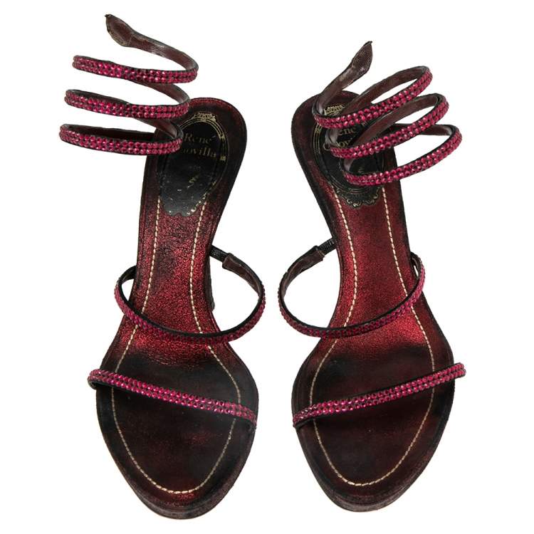 Pre Owned René Caovilla Burgundy/Black Satin Cleo Crystal Embellished Sandals Size 37