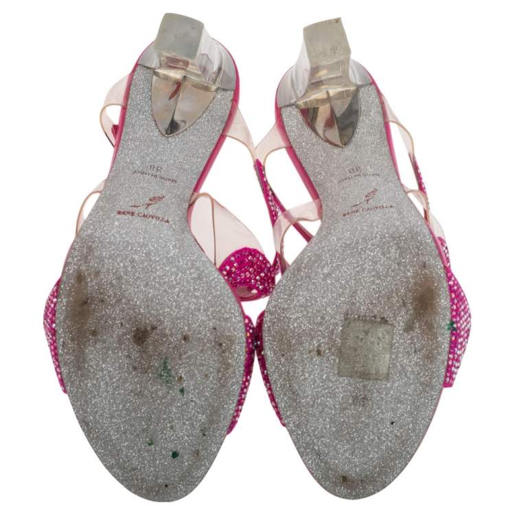 Pre Owned René Caovilla Pink Satin And PVC Crystal Embellished Open Toe Sandals Size 38