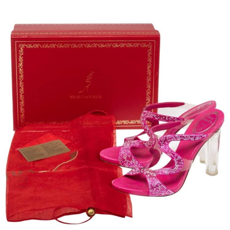Pre Owned René Caovilla Pink Satin And PVC Crystal Embellished Open Toe Sandals Size 38