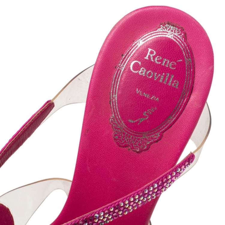 Pre Owned René Caovilla Pink Satin And PVC Crystal Embellished Open Toe Sandals Size 38