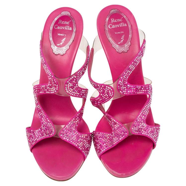 Pre Owned René Caovilla Pink Satin And PVC Crystal Embellished Open Toe Sandals Size 38