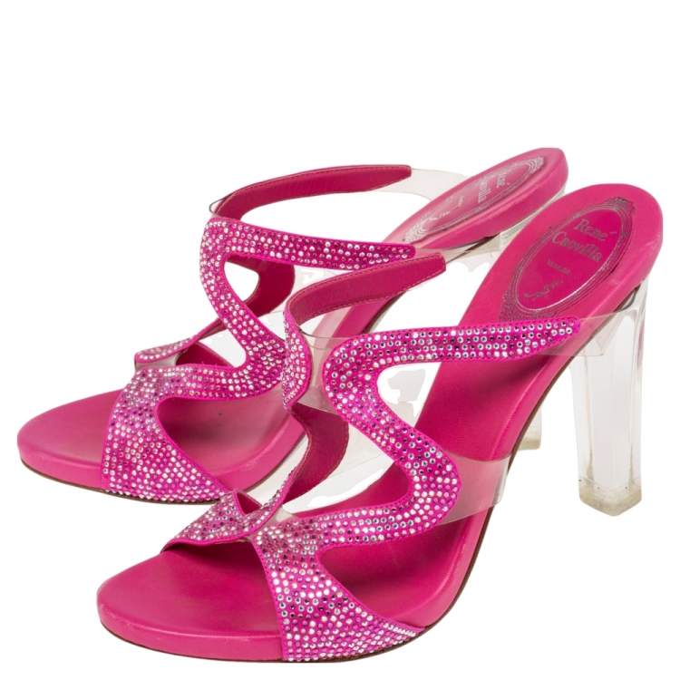Pre Owned René Caovilla Pink Satin And PVC Crystal Embellished Open Toe Sandals Size 38