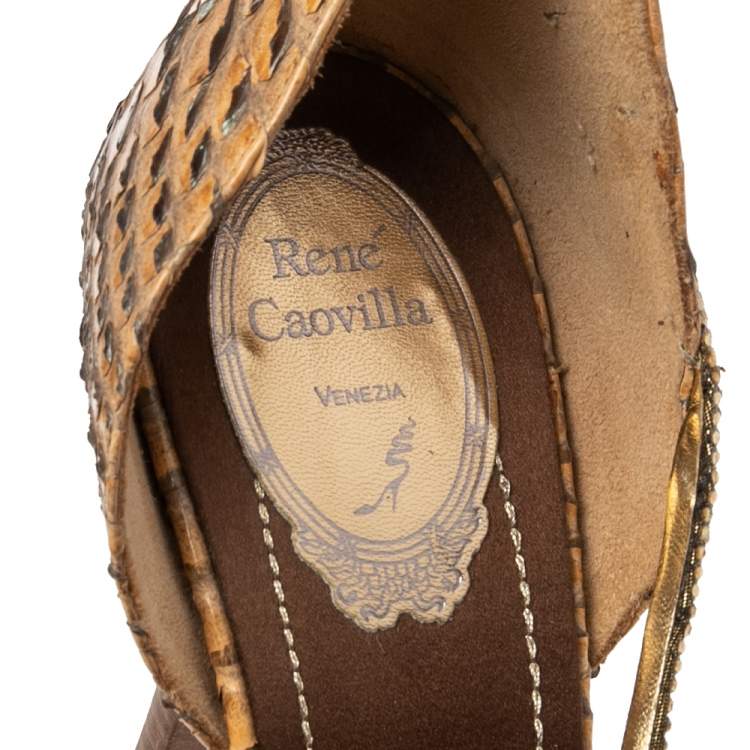 Pre Owned René Caovilla Beige Python Leather Crystal Embellished Sandals Size 40.5