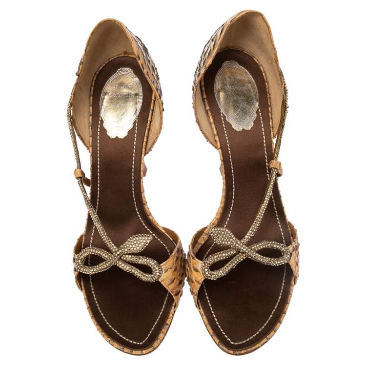 Pre Owned René Caovilla Beige Python Leather Crystal Embellished Sandals Size 40.5