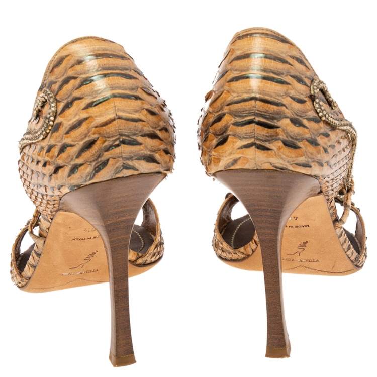 Pre Owned René Caovilla Beige Python Leather Crystal Embellished Sandals Size 40.5