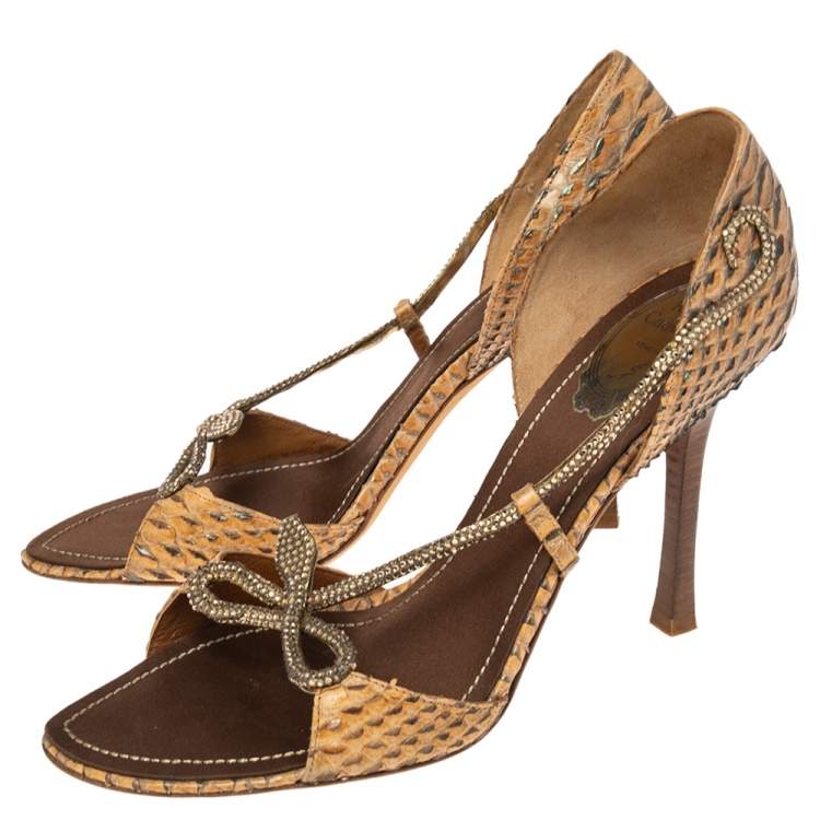 Pre Owned René Caovilla Beige Python Leather Crystal Embellished Sandals Size 40.5