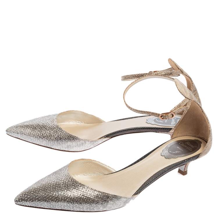 Pre Owned René Caovilla Silver Texture Leather Ankle Strap Kitten Heel Sandals Size 38.5