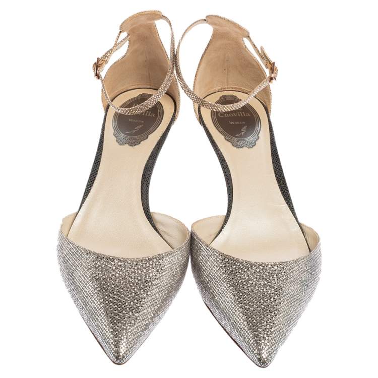Pre Owned René Caovilla Silver Texture Leather Ankle Strap Kitten Heel Sandals Size 38.5