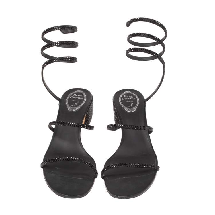 Pre Owned Rene Caovilla Black Satin Cleo Crystal Embellished Sandals Size 40