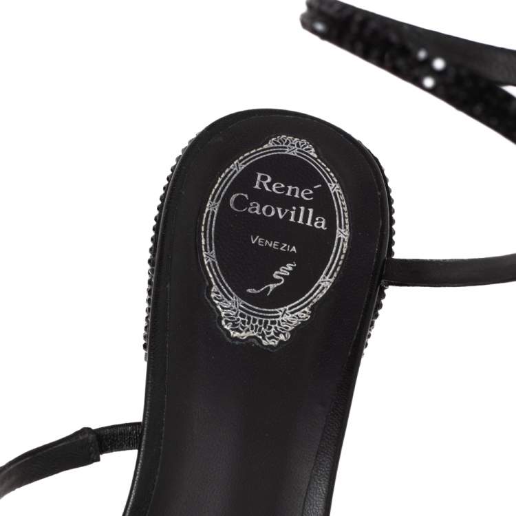 Pre Owned Rene Caovilla Black Satin Cleo Crystal Embellished Sandals Size 40