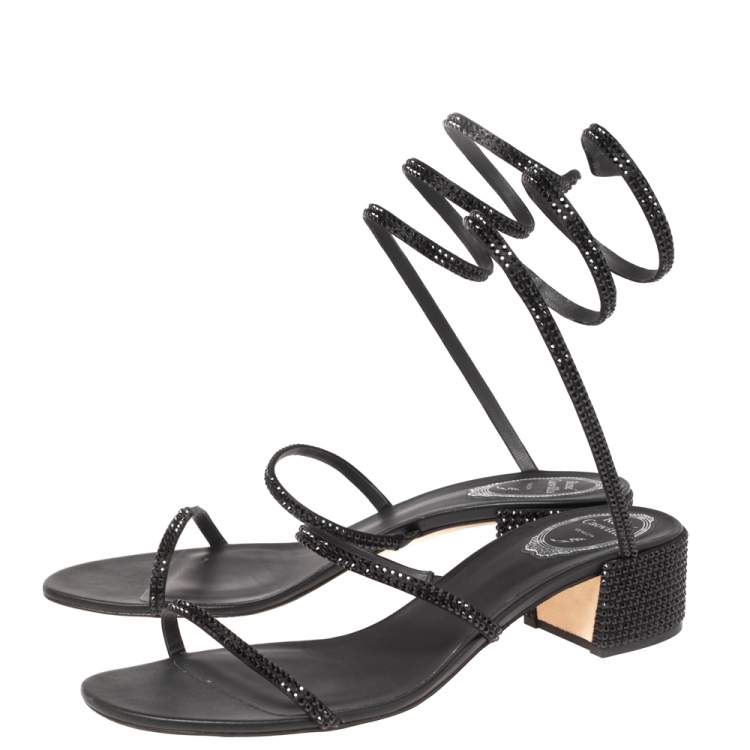 Pre Owned Rene Caovilla Black Satin Cleo Crystal Embellished Sandals Size 40