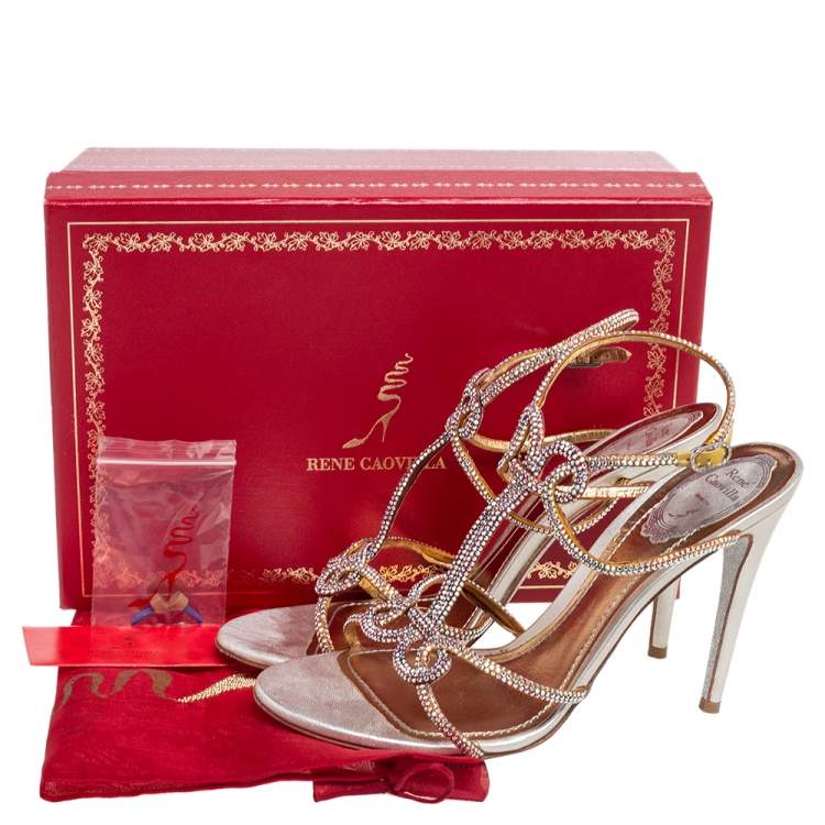 Pre Owned René Caovilla Beige Satin Crystal Embellished Ankle Strap Sandals Size 39.5