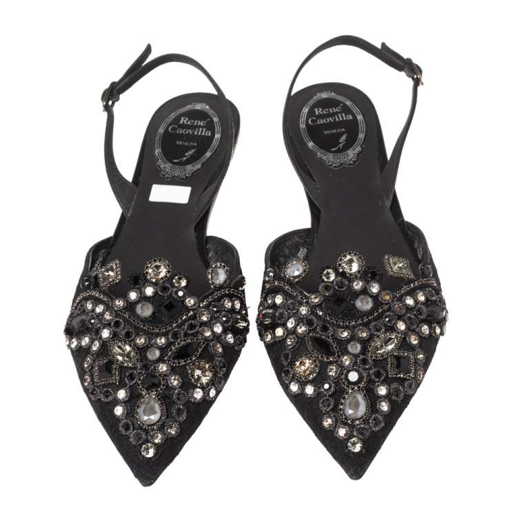 Pre Owned Rene Caovilla Black Satin Crystal Embellished  Slingback Flats Size 37.5