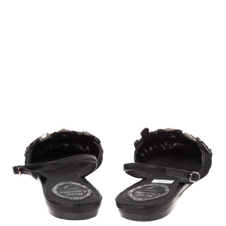 Pre Owned Rene Caovilla Black Satin Crystal Embellished  Slingback Flats Size 37.5